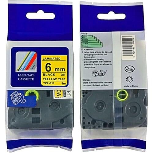 TZ LAMINATED TZE-611 TZe611 tz611 tz-611 p touch 6mm BLACK ON YELLOW LABEL TAPE TZe 611 TAPES Ptouch LABEL