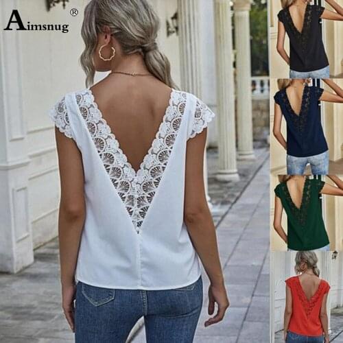Fashion Chiffon Shirt Womens Clothing Leisure Casual Top 2021 Summer New Patchwork Lace T-shirt Backless Sexy V-neck Tops Femme