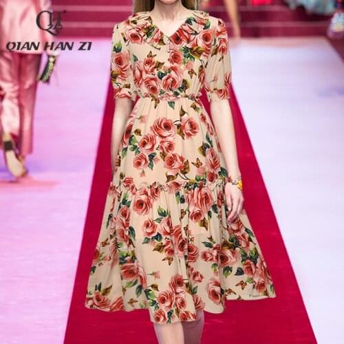 Qian Han Zi fashion summer dress V-neck elegant Flower print Chiffon Elastic Waist Slim Holiday Holiday Dress Women 2021 New
