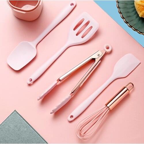 5Pcs Silicone Cooking Utensils Set Non-Stick Cookware Rose Gold Handle Egg Beaters Food Clip Shovel Spatula Kitchen Utensils