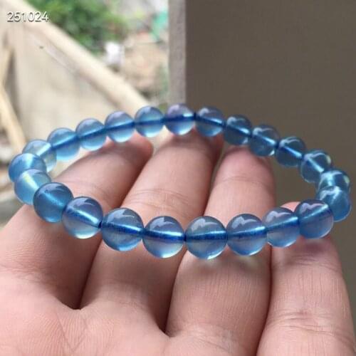 Natural Blue Aquamarine Clear Round Beads Bracelet Women Men Brazil 7.8mm Stretch Crystal Brazil Bracelet Jewelry AAAAA