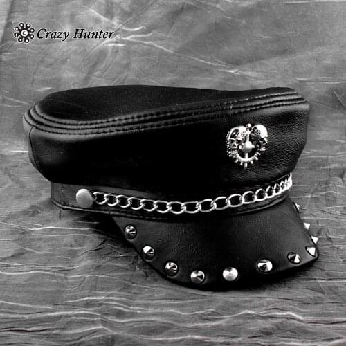 New! Metal Rivet Studded Skull Mens Genuine Leather Biker Punk Rocker Cap Hat