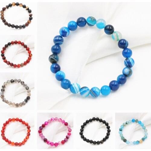 New Vintage Strand Bracelet Natural Agates Stone Veins Onyx 8mm Round Beads Bangle Bracelets Charms Wristband Jewelry 7.5" A616