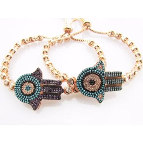 Lovely CZ Link Chain Bracelets Jewelry PURPLE blue CZ Crystal Palm Hamsa Charms Bracelet adjustable size For Women