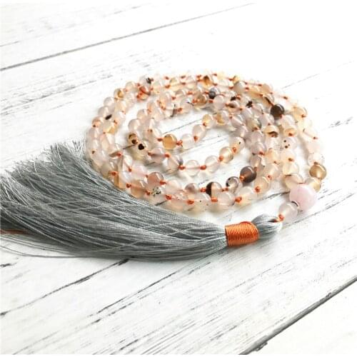 Natural Wind Shadow Agates 108 Mala Beads Necklace Tassel Meditation Jewelry Hand Knotted Necklace Yoga Jewelry Energy Crystal