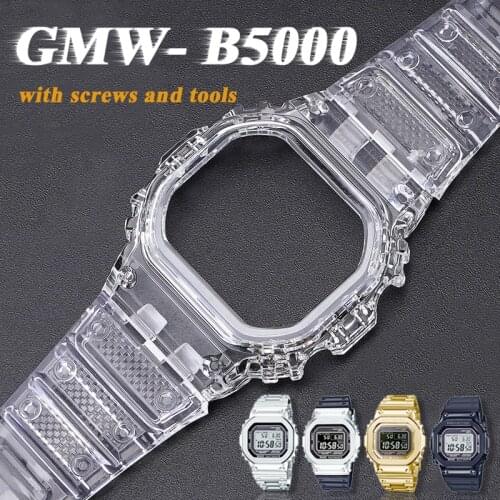 Rubber Anti-fall Strap for GMW-B5000 GMWB5000 Mod Ice Transparent Silicone Watchband Metal Bezel Wrist Strap with Tools Screws
