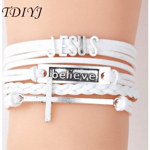 TDIYJ Fashion Multilayer Braided Bracelet with Slide Charms JESUS Cross for Men/Women Jewelry Gift 6sets/lot