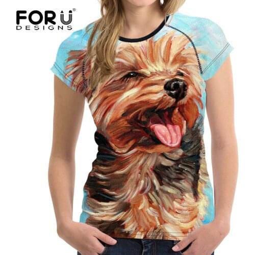 FORUDESIGNS Funny 3D Animal Yorkshire Terrier Dog Printing Women T Shirts Bodybuilding Girls O Neck Summer Tee Short Sleeve Tops
