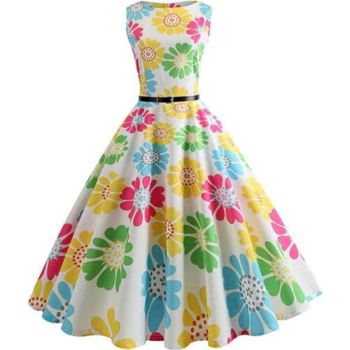 Midi Floral Dresses for Women Bandage Party Vintage Retro Robe Femme Sleeveless Swing Pin Up Sundress Plus Size