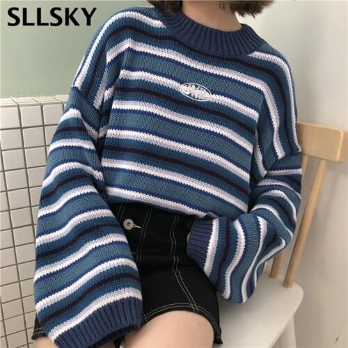 Sllsky Striped Embroidery pullovert Knitted Women Sweater Winter New Thicken Loose Casual Retro Half high collar Sweater Tops