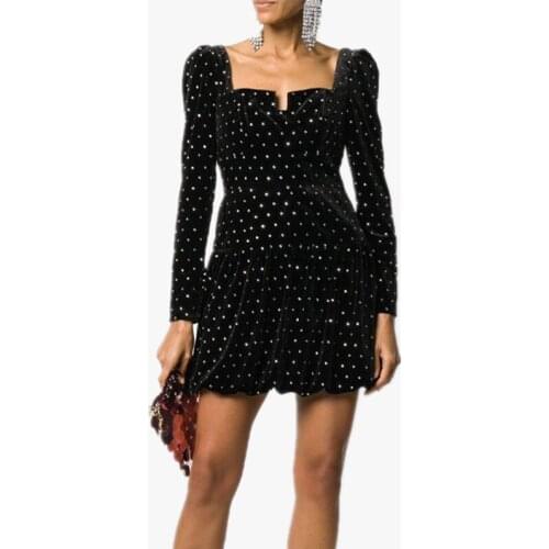 2021 New Arrival Women Black Velvet Dress Square Collar Long Sleeve Lady Mini Dress With Belt