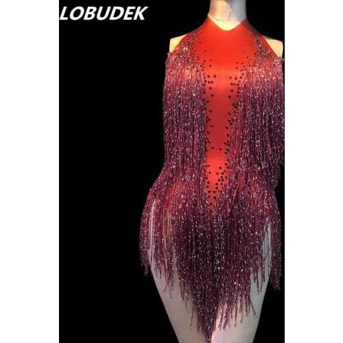 Sparkly Crystals Gold Red Tassels Bodysuit Sleeveless Backless Bodysuits Sexy Women Nightclub Dancer DJ Jazz Costume Stage Wear