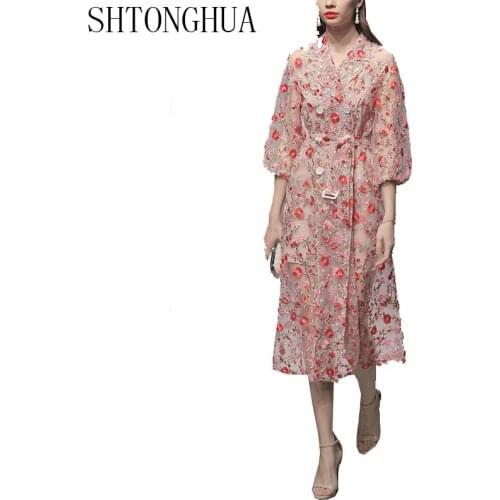 SHTONGHUA Fashion Runway Double Breasted Mesh 2019 Summer Vintage Women Floral Embroidery Tull Notched Party Dress
