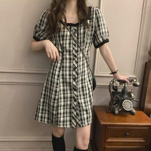 Summer Women Single-Breasted Shirt Dress Vintage Square Collar Plaid One-Piece Korean Mini Dresses High Waist Slim A-Line Dress
