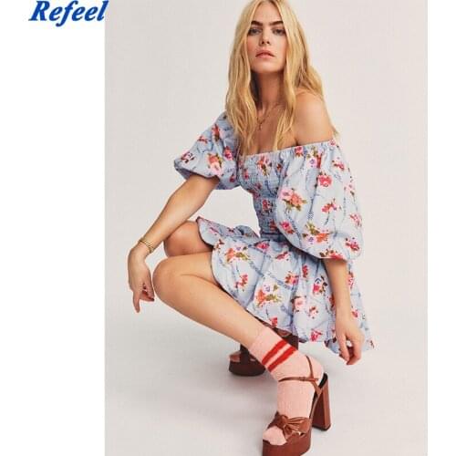 2021 summer womens pleated flower print Mini Dress Fashion Square Neck puff short sleeve womens Mini Dress