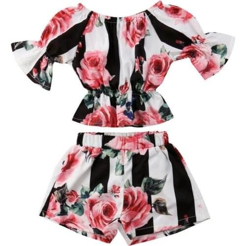 2pcs Toddler Kids Girls Clothes Set Stripe Floral Tunic Ruffle Tops T shirt Elastic Shorts Outfits Girls Sunsuit Playsuit