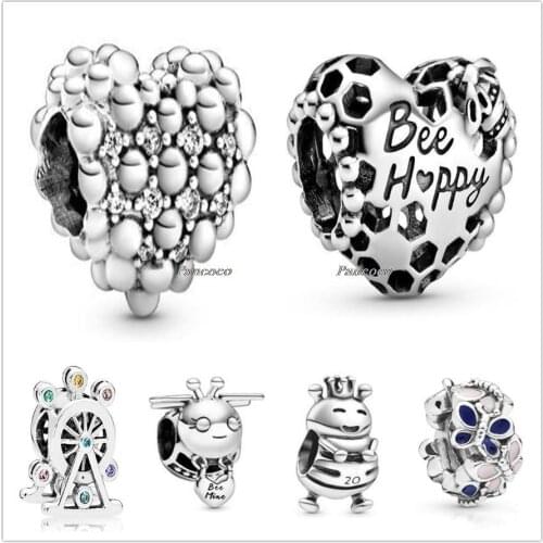 Authentic 925 Sterling Silver Black Enamel Bee Mine With Love Heart Charm Beads Fit Women Pandora Bracelet & Necklace Jewelry