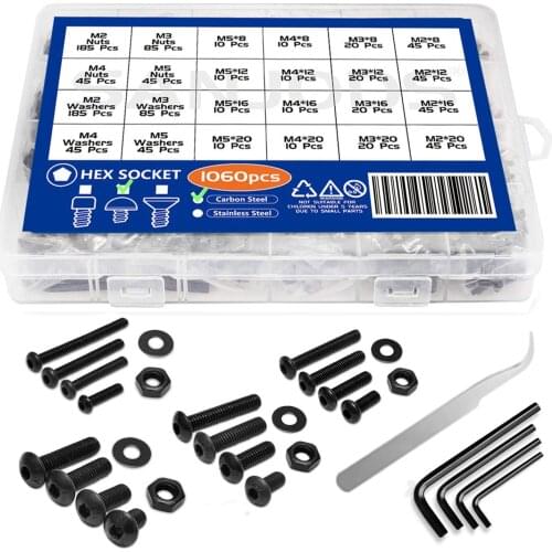 M2 M3 M4 M5 Hex Socket Round Head Button Head Cap Screws Bolts Nuts Washers Assortment Kit with Allen Wrenches Black(1060 PCS)