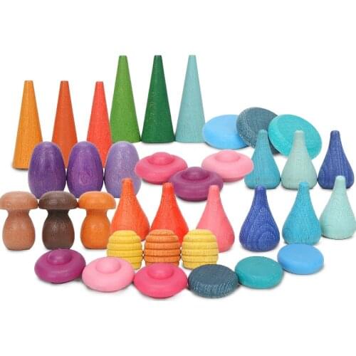 6pcs Wooden Rainbow Stacker Rainbow Blocks Loose Parts Toy Mushrooms Tree cones Wooden Puzzle Blocks Montessori Educational Toys