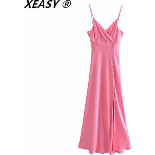 Klacwaya Summer Dress Woman Za 2021 Pink Satin Long Dress Backless Slip Sexy Party Midi Elegant Dresses Vestido