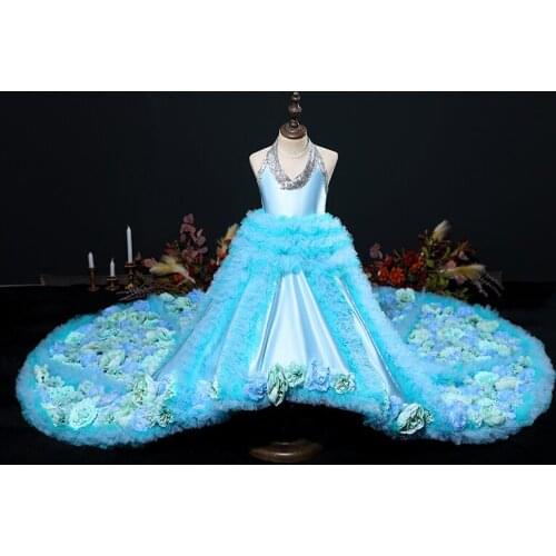 Flower Girl Dresses Illusion Halter Sleeveless Appliques Sequined Tulle Lace Princess Floor-Length Luxury Kids Party Gown H566