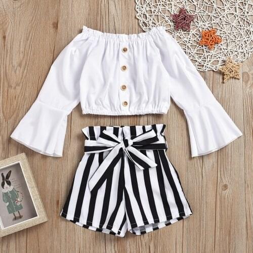TELOTUNY Childrens clothing Toddler Kids Baby Girls Ruffle Off Shoulder Button T Shirt Tops Striped Print Shorts Outfits Set 20