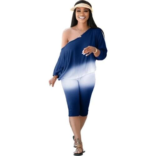 Sexy 2 Piece Shorts Set Women Gradient Color Fashion Outfits Slash Neck T Shirt Top and Shorts Patchwork Two Piece Set