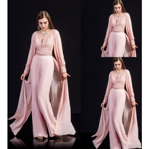Coral Pink Lace Prom Jumpsuit with Train 2021 Modern Chiffon V-neck Long Sleeve Arabic Occasion Evening Dress with Pant Suit