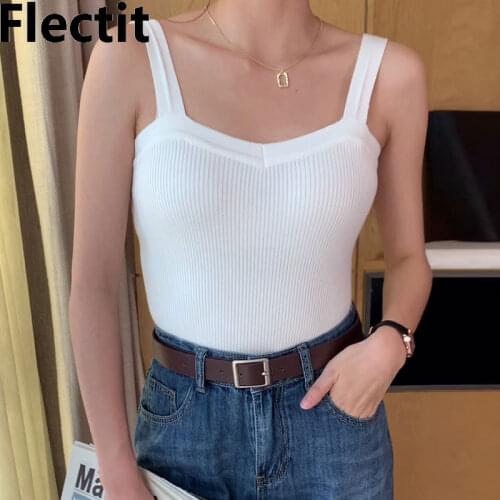 Flectit Women Straight Neck Crop Top With Wide Straps Fitted Ribbed Knit Tank Top Basic Casual Outfit