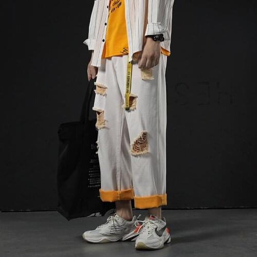 2020 Summer Mens Holes Wash Cowboy Straight Pants Casual Pants Baggy Jeans Mens Biker Denim Blue/white/green Trousers M-2XL