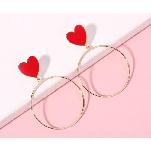 Cute Black Red Love Heart Earrings for Women Girls Fashion Korean Style Metal Round Circle Drop Earring Party Jewelry R01