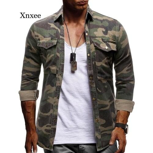 Spring and Autumn Mens Camouflage Denim Shirt Army Green Long Sleeve Loose Jeans Shirt Mens Top