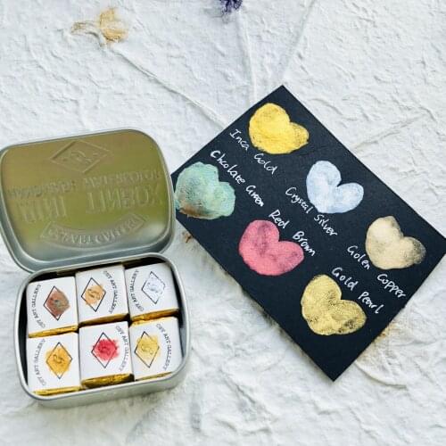 Handmade Metallic Watercolors Paint Set 6 Colors Half Pans Glitter Solid Water Color Metal Case Sparkle Pearlescent Acuarela