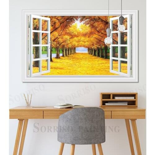 Autumn Tree Golden Avenue Scenery Wall Art Imitation Window Design Canvas Painting Posters Picture Prints Home Living Room Decor