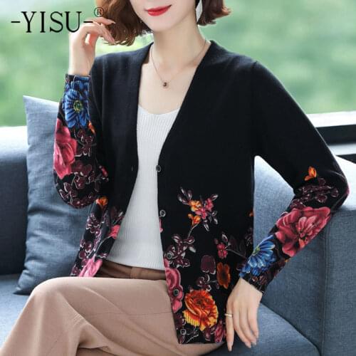 YISU 2021 New Women Cardigan Sweater O-Neck Rose flower printing Knitted Coat Cardigan Single Breasted Casual Jacket Sweater