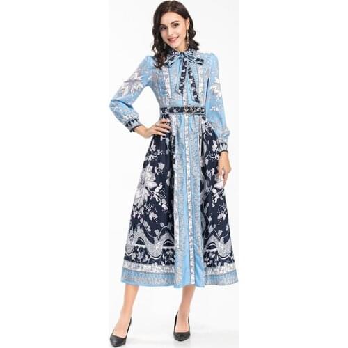 MIUXIMAO 2021 New Autumn Womens Clothing Bow Long Sleeve Printing Slim Waist Belt Dress Fashion Elegant Office Style