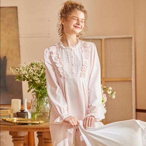New Womens Princess Pink Ruffles Pajama Sets.Cotton Stringy Selvedge Tops+Pants.Victorian Lady Pyjamas Set Sleepwear Loungewear