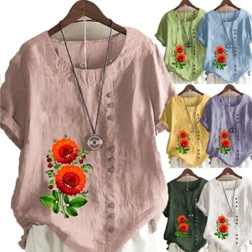New Women Summer Casual Flower Print Loose T-shirts Vintage Round Neck Plus Size Short Sleeve Blouse Tops S-5XL