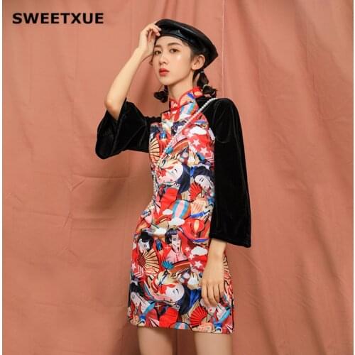 SWEETXUE Chinese Style Cheongsam Dress Fashion Velvet Splice Flare Sleeve Modern Slim Retro Elegant Autumn 2019 Qipao Mini Dress