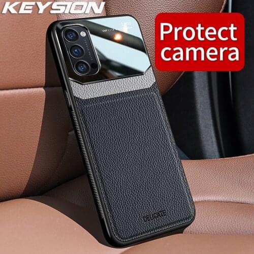 KEYSION Fashion Shockproof Case for OPPO Reno 4 4 Pro 5G Leather Lens Tempered Glass Phone Back Cover For OPPO Reno 4 Pro 5G