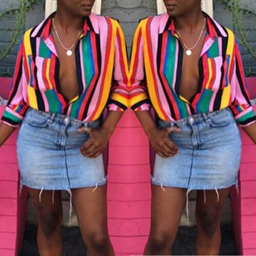 S-2XL women turn-down collar long sleeve tops shirt floral print striped shirt tops autumn spring casual leisure tops shirt