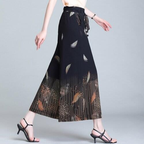 2021 Summer Women Printed Chiffon Skirt Pants Loose Wide Leg Pants Middle Aged Mother Casual Trousers Streetwear