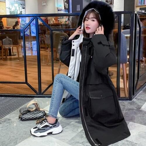 Trendy New Winter Women Large Faux Fur Collar Hooded Cotton Coat Casual Female Loose Warm Snow Thick Sash Tie Up Long Parkas