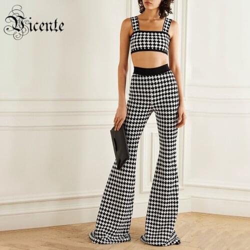 VC All Free Shipping New Trendy Houndstooth Design Crop Tops Pants Two Pieces Suit Celebrity Party Casual Bandage Suit