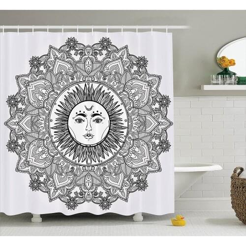 Mandala Shower Curtain Sun Religious Figure Illustration Yantra Mandala Ethnic Floral Bohemian Wall Decoration Hanging Curtains