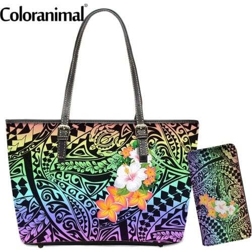 Coloranimal 2021 New Style Women 2Pcs/Set Handbag Bag&Wallet Gradient Polynesian Flower Print Femme PU Shoulder Bag Tote Bolsa
