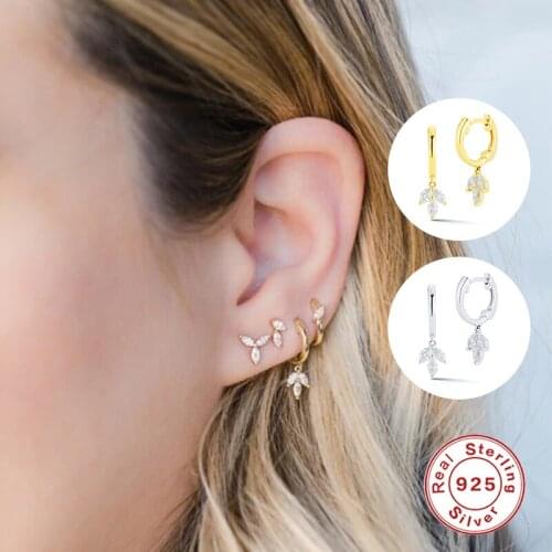 Aide 925 Sterling Silver Hoop Earrings With Cubic Zirconia Leaf Shape Charm Drop Earring Gold Silver Color For Girls Women