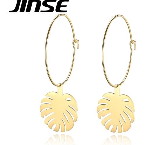 JINSE Retro Leaf Hoop Earrings for Women Gold Metal Fashion Jewelry Statement Stainless Steel Huggie Boucle D'Oreille Femme Gift