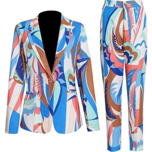 2021 Fashion Spring Autumn Pant Suits Long Sleeve V-Neck Sexy Blouse Trousers Printing Two Pieces Suit Sets