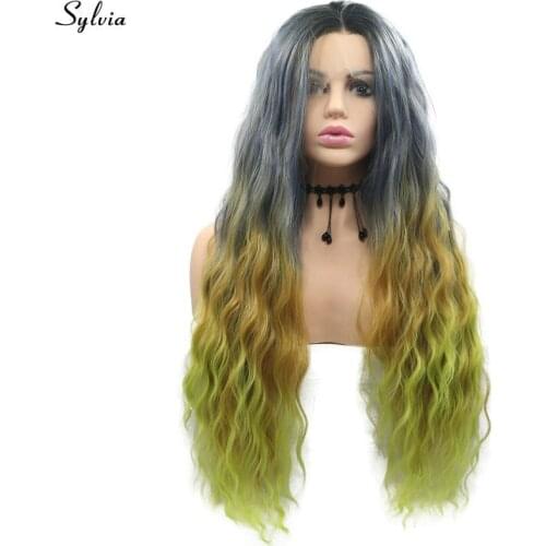 Sylvia Dark Root Grey Brown Green/Dark Blue Green Water Wave Lace Front Wig Women Party Heat Resistant Wig Ombre Synthetic Hair
